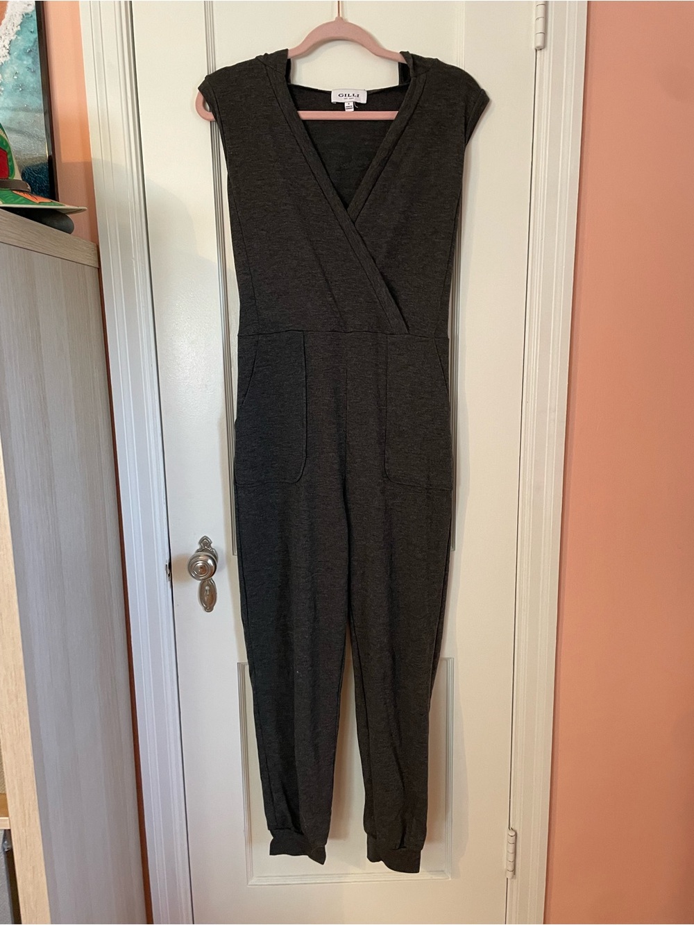 Gilli Charcoal Gray Sleeveless Surplice Jumpsuit with Pockets and Hood